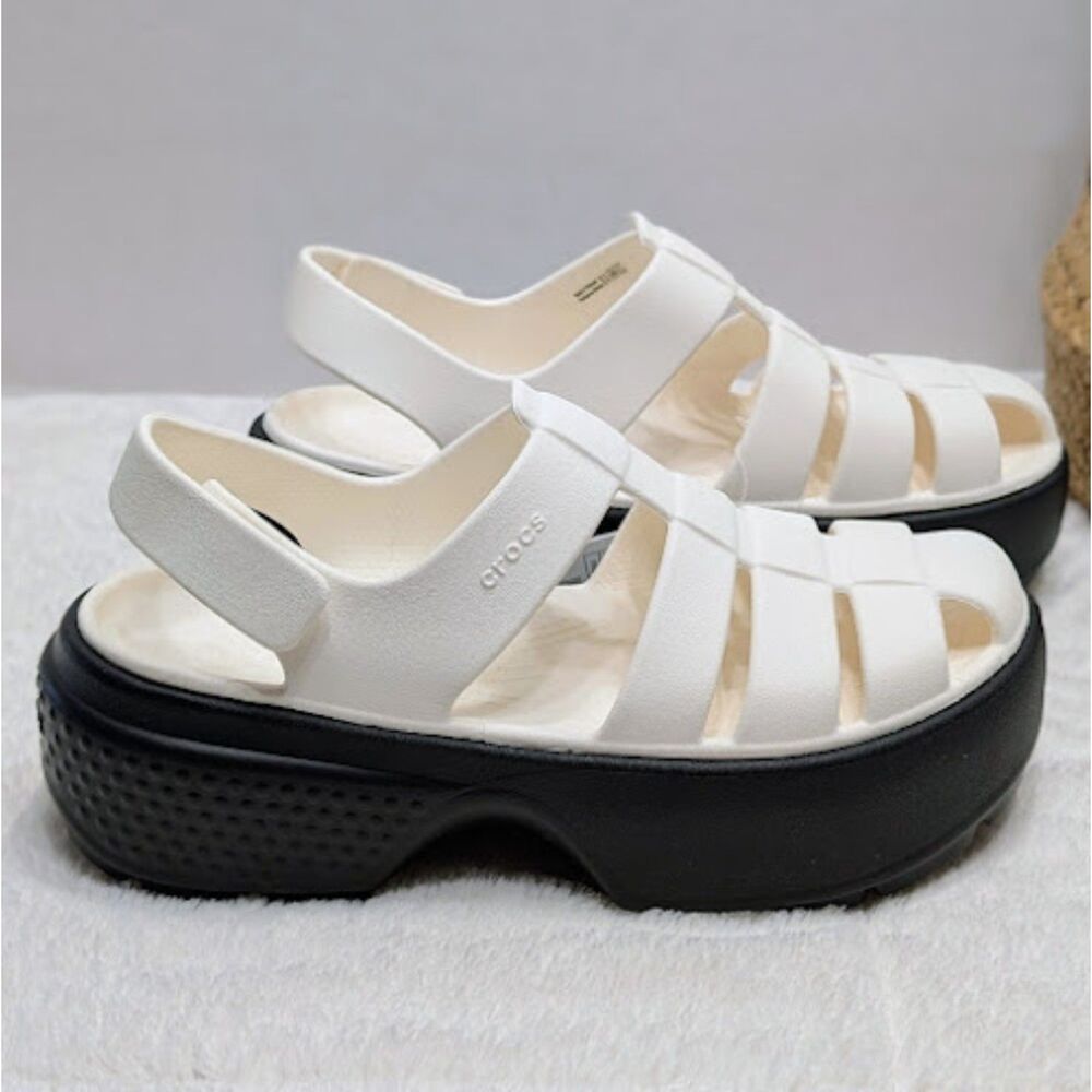 CROCS Stomp Black & White Fisherman Chunky Platform Sandals Women's 10 NWT - Picture 2 of 12